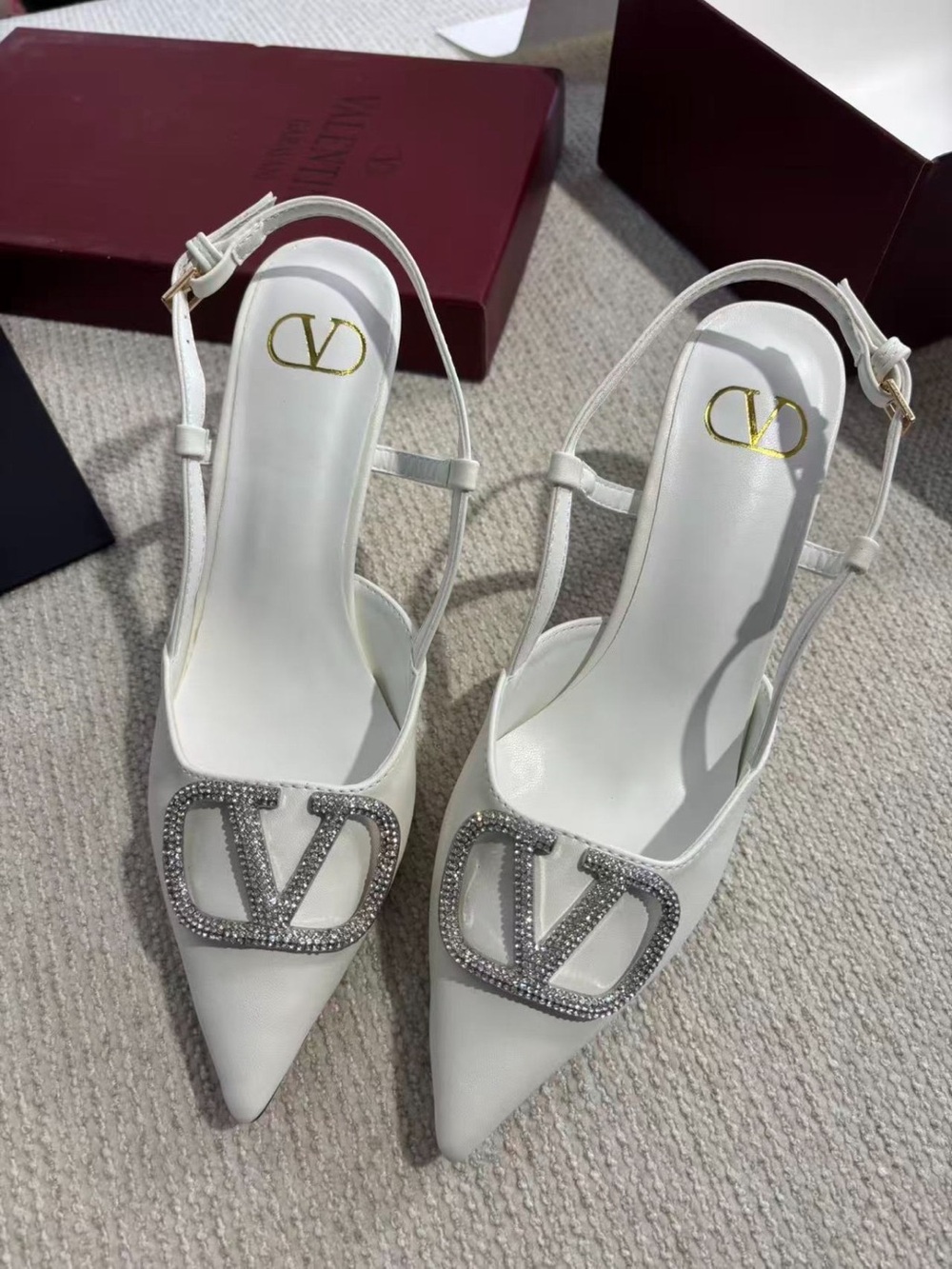 Valentino White Crystal V Logo Slingback Pumps with Pointed Toe